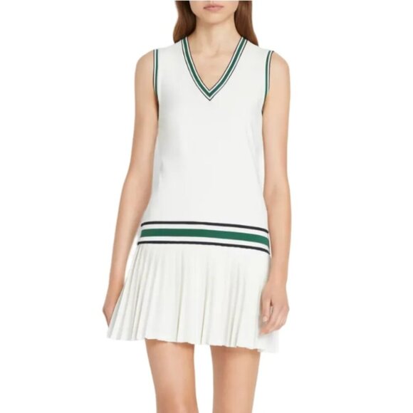 Tory Burch Sport White w/ Green & Black Trim V-Neck Pleated Skirt Tennis Dress - Picture 1 of 7
